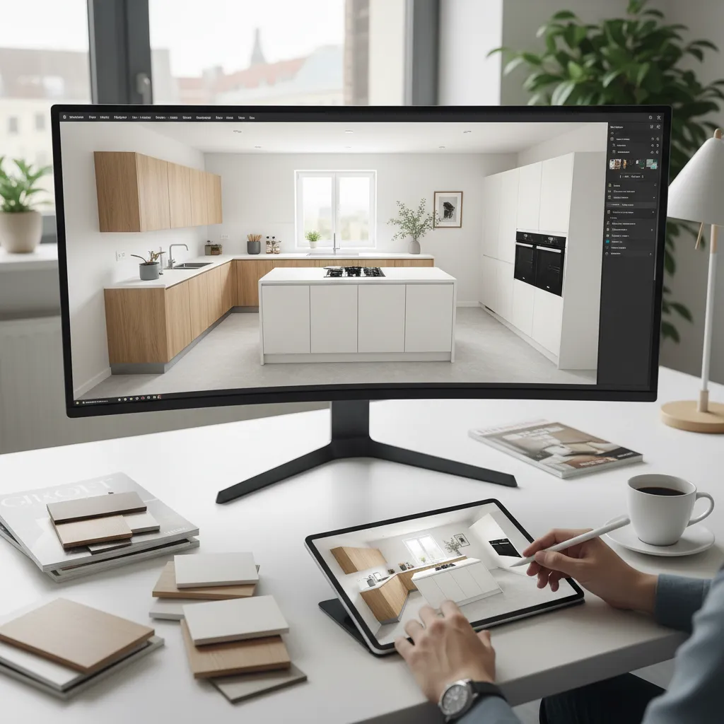 Planificación de diseño de cocina moderna con distribución de muebles