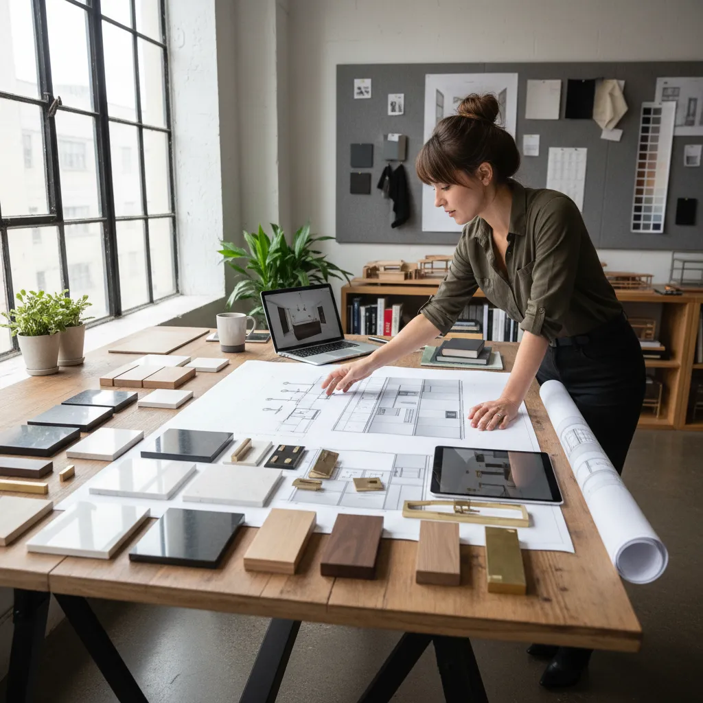 Diseñador planificando la distribución de una cocina en planos