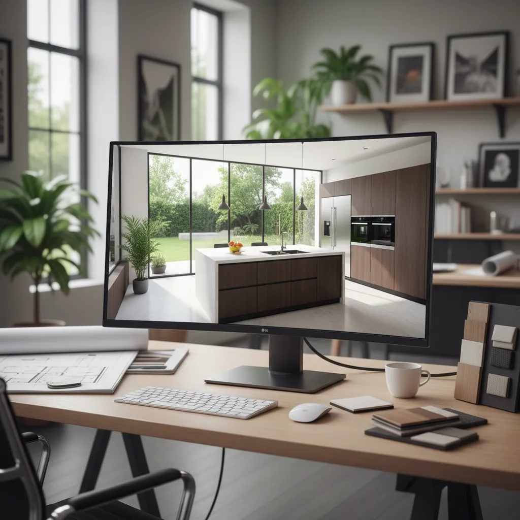 Diseñador planificando la distribución de una cocina en un software de diseño