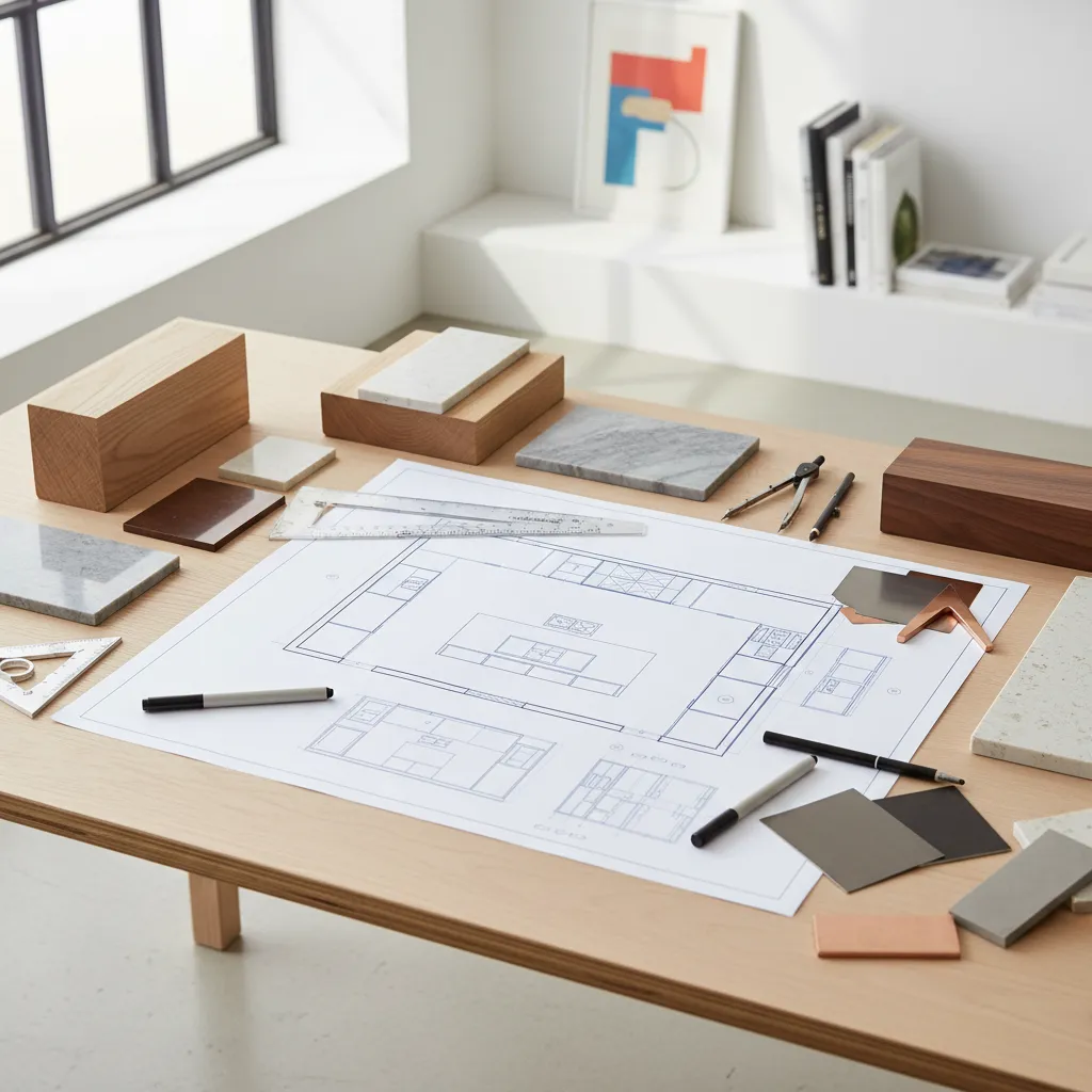 Plano de distribución de cocina sobre mesa de trabajo con muestras de materiales
