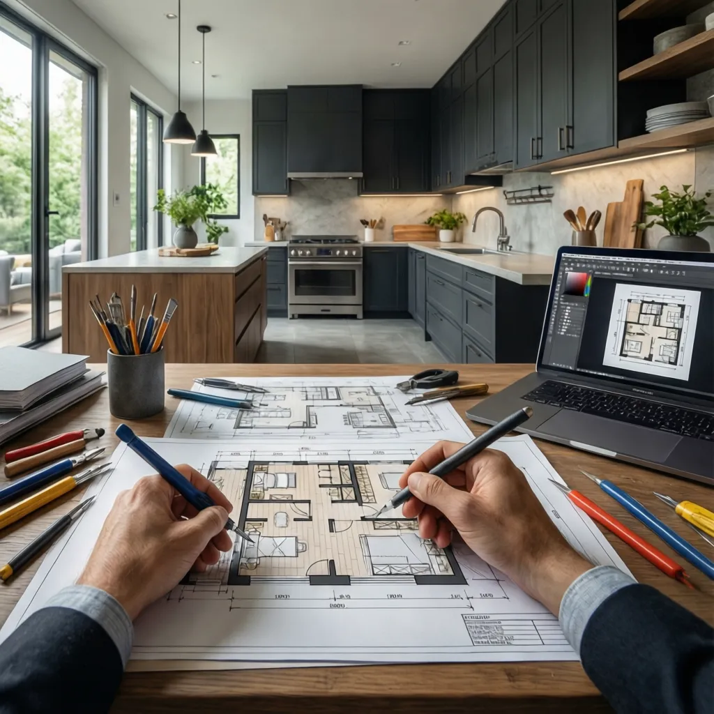 Diseñador planificando la distribución de una cocina en plano