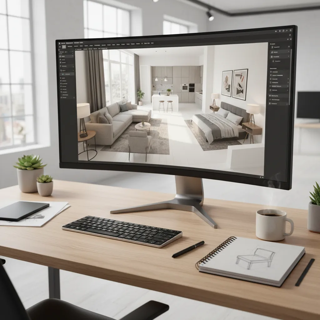 Pantalla con software de planificación de interiores en 3D