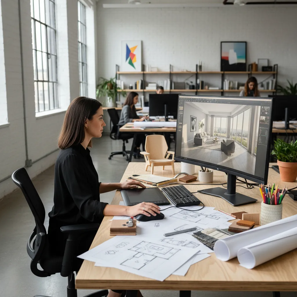 Diseñador trabajando con modelo 3D de interiorismo en ordenador