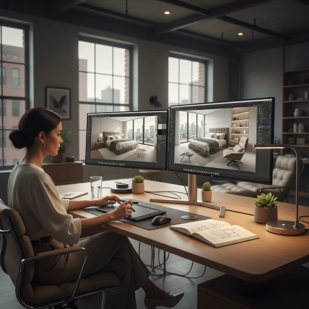 Diseñador planificando un dormitorio con modelo 3D en ordenador