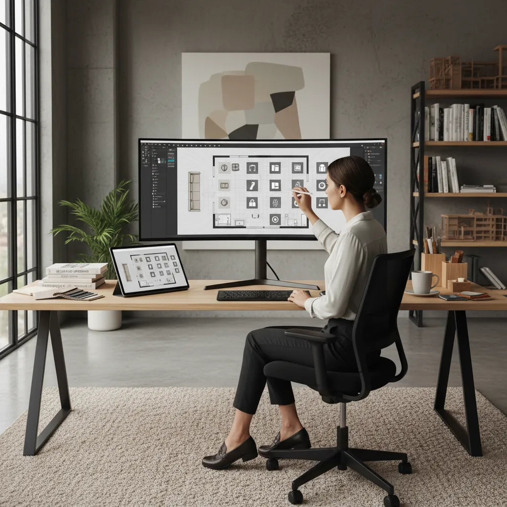 Woman sitting at desk using stylus to edit room layout on large monitor and tablet