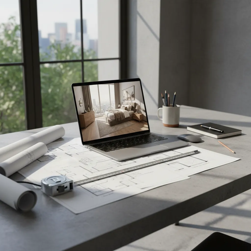 Laptop showing interior design drawing on desk with paper floor plans ruler and tape measure