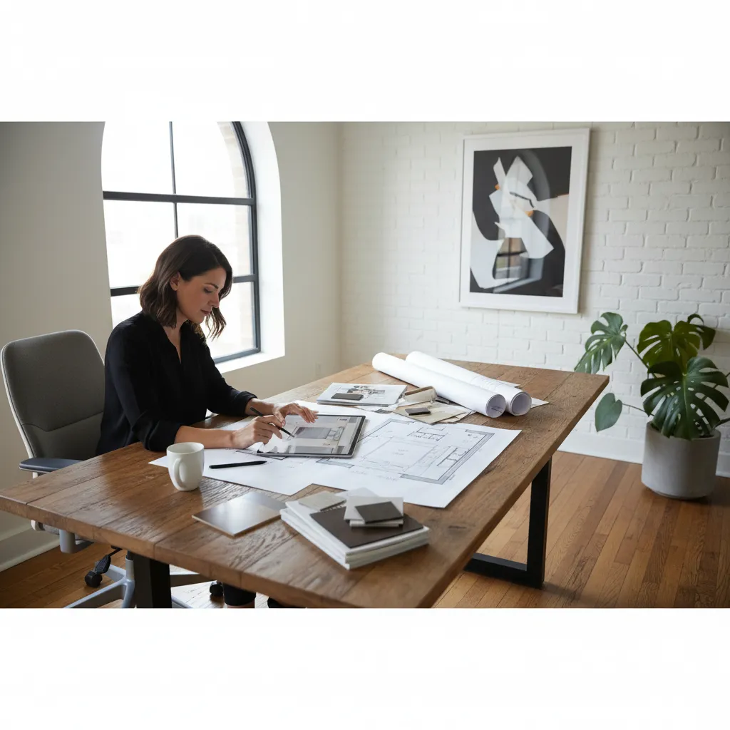 Diseñador planificando la distribución de una habitación en plano digital