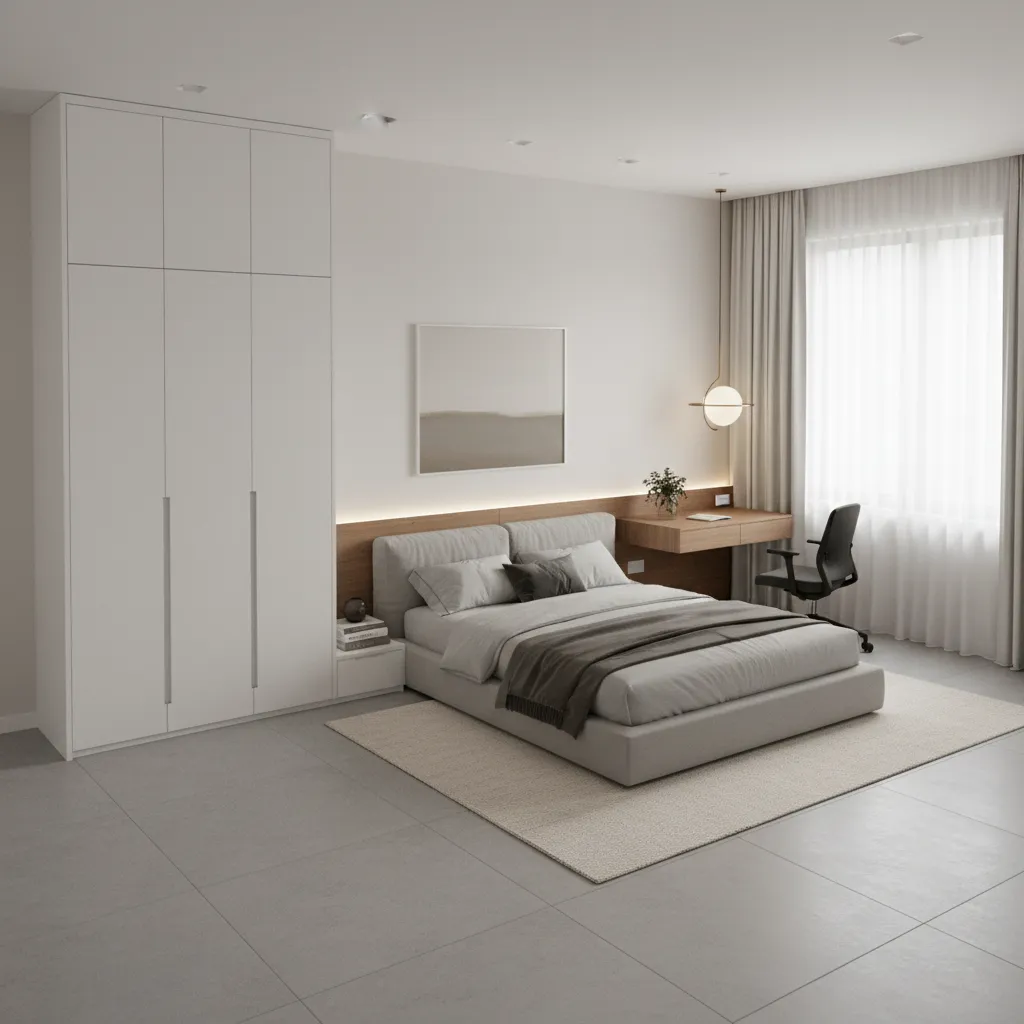Simulación de distribución de muebles en una habitación moderna