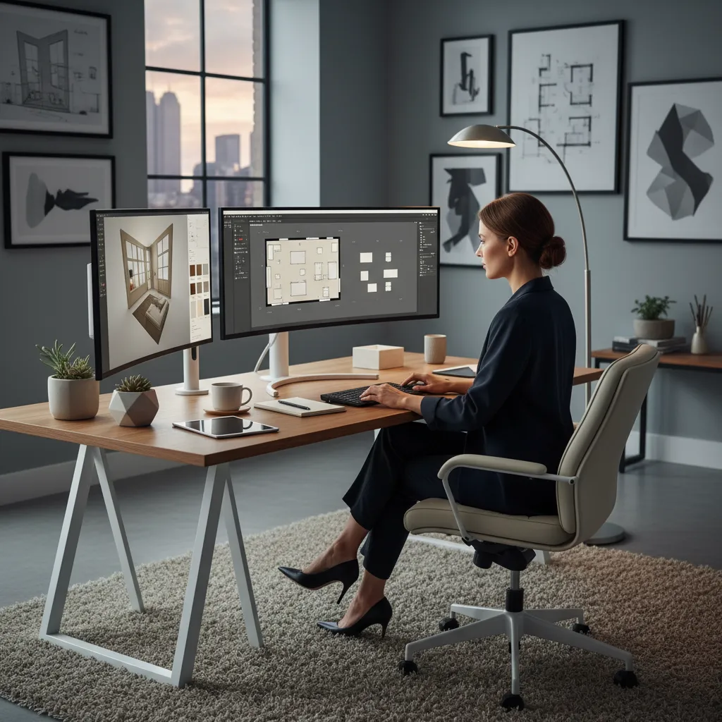Professional designer sitting at desk using software to create room layout and interior design drawing