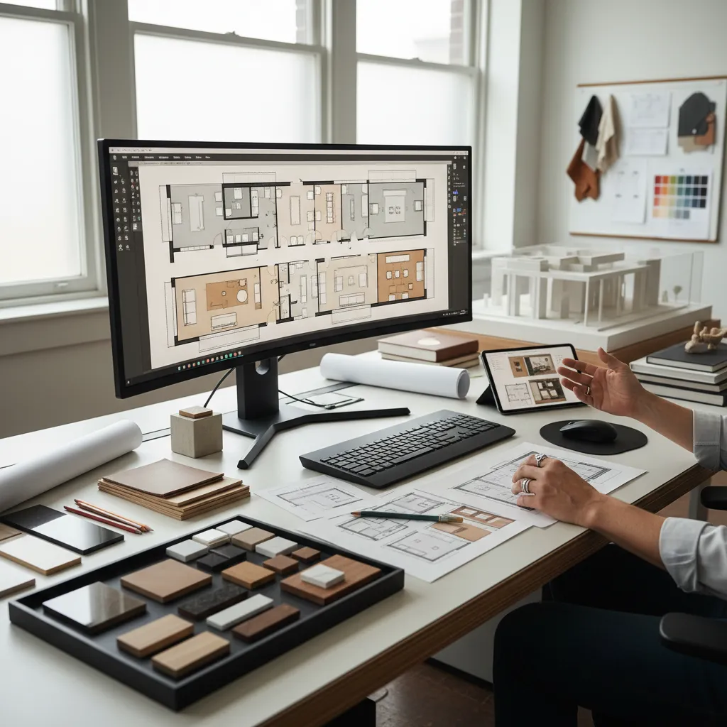 Diseñador planificando un estilo de interior en un plano digital