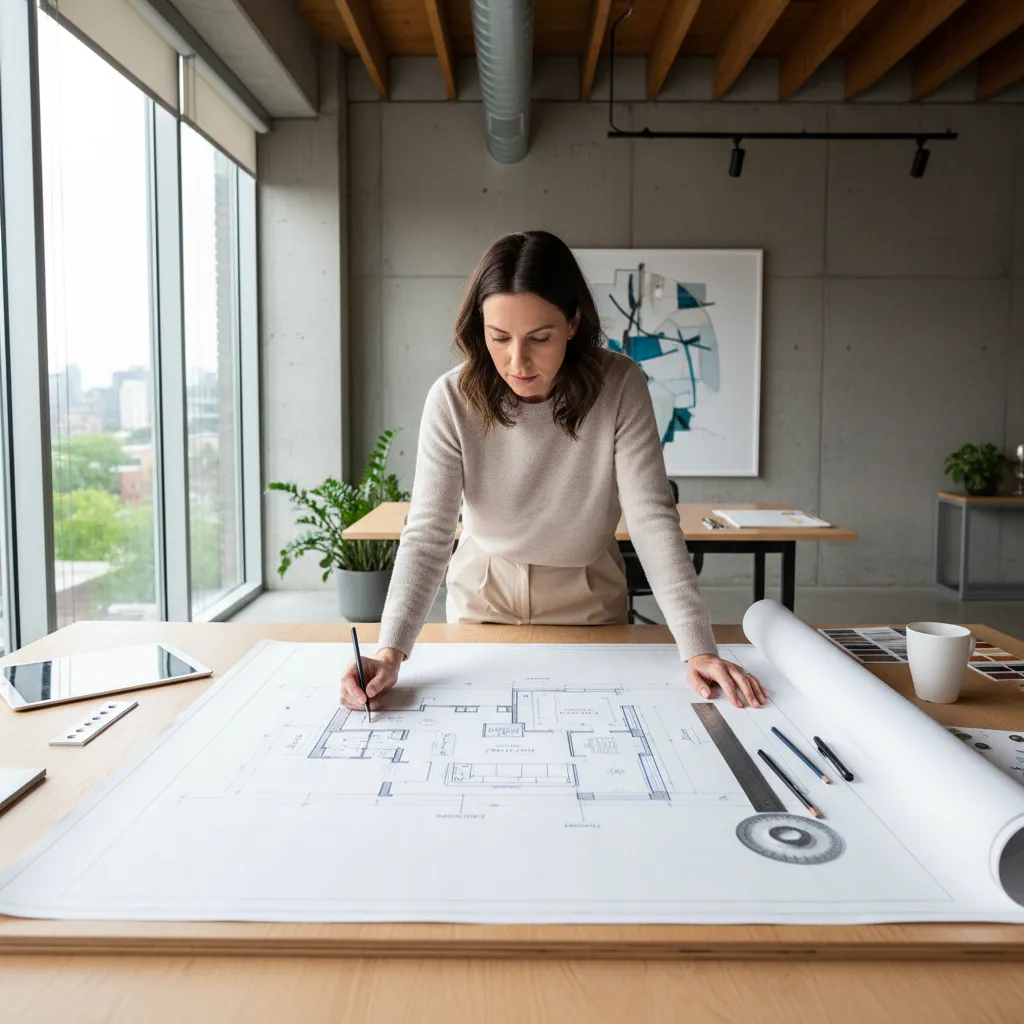 diseñador revisando plano de distribución de sala