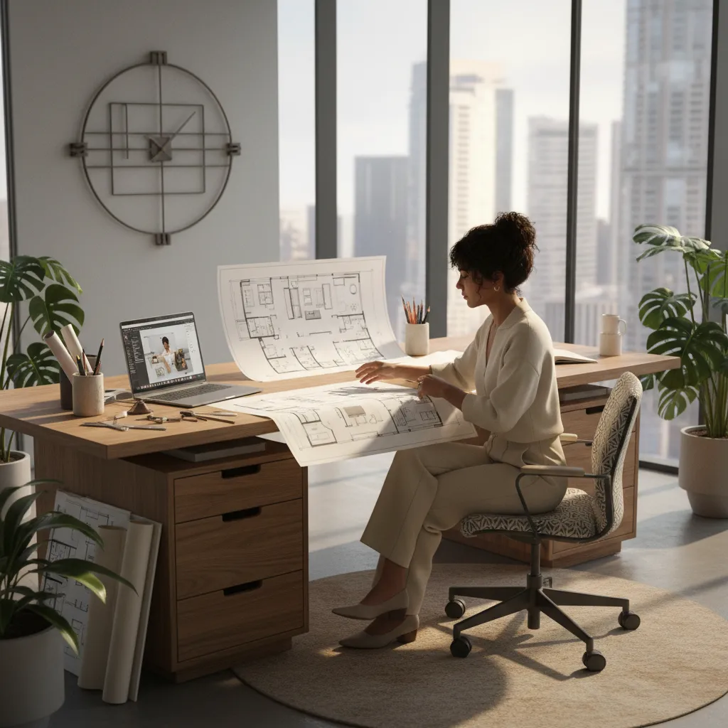 Woman designer at a wooden desk reviewing floor plan drawings in a modern sunlit office