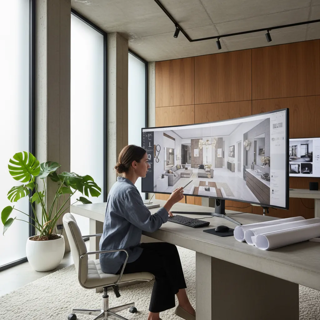 Designer using a curved monitor to create an interior design drawing in a modern office