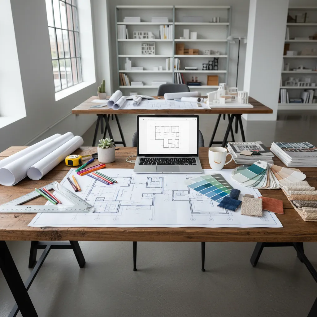 Wooden desk with room layout drawing laptop color samples and fabric in interior design studio