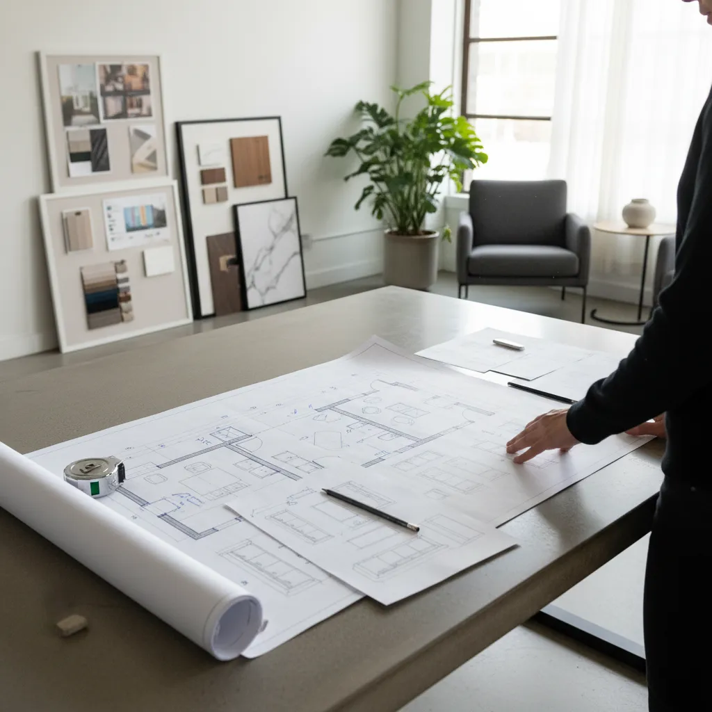 Persona planificando la distribución de una sala en un plano