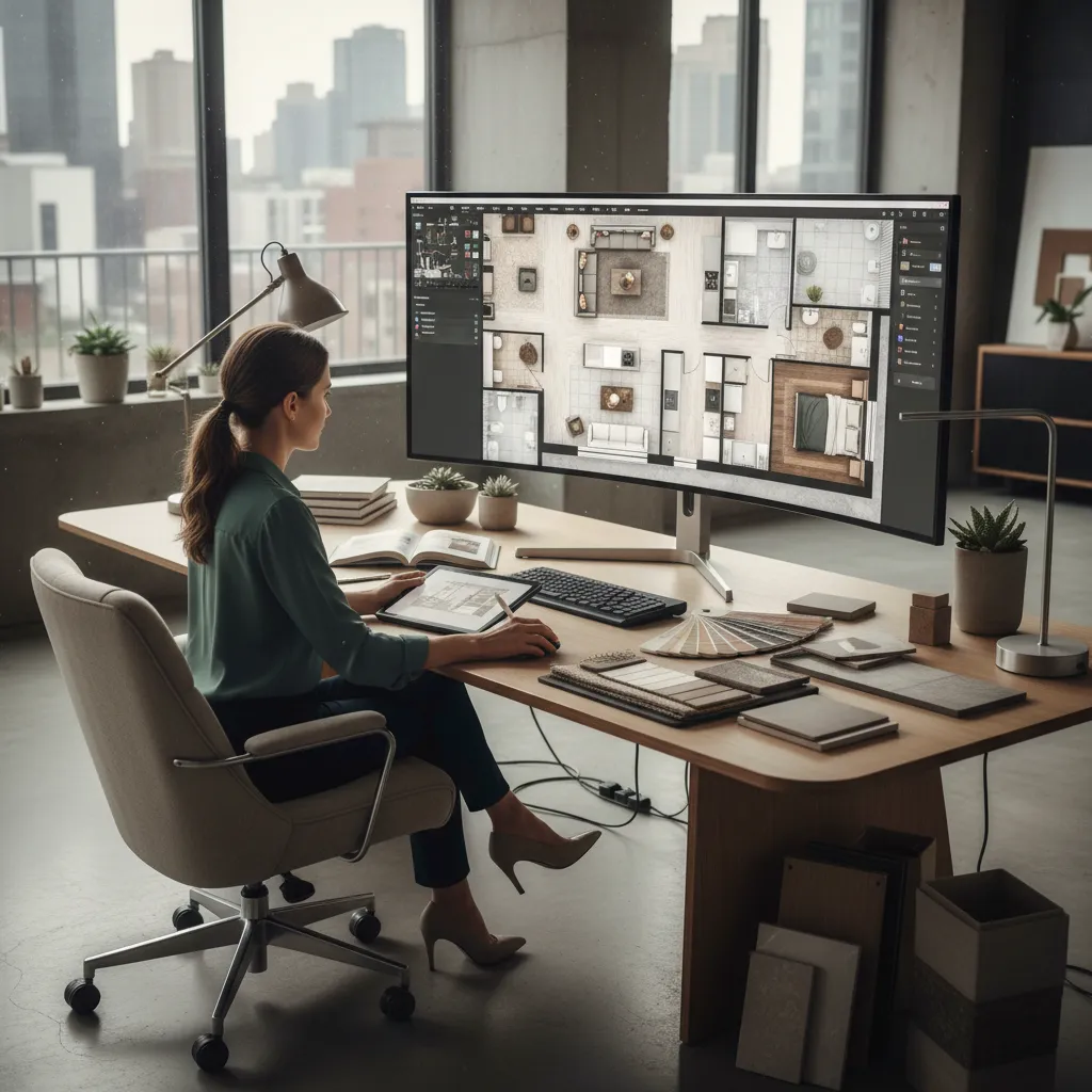 Designer working on floor plan using curved monitor with various material samples on wooden desk