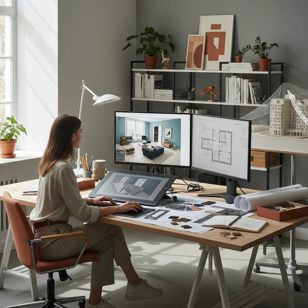 Diseñador revisando planos y modelo 3D de un proyecto de interiorismo