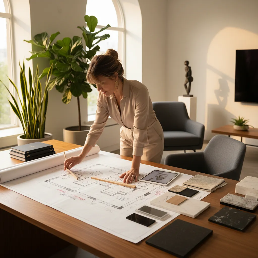 Interior designer reviewing room layout on paper with material samples and tablet on wooden desk