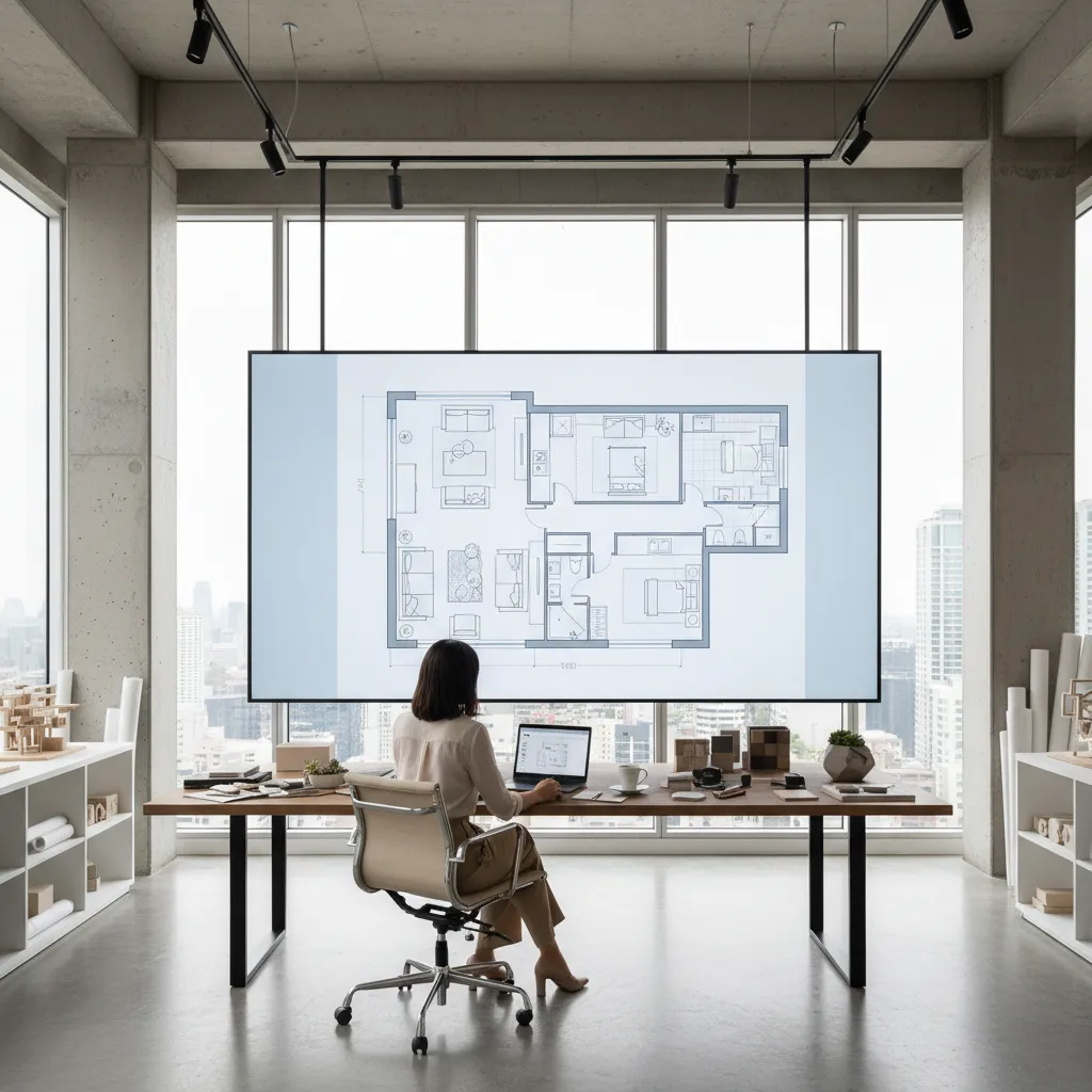 Diseñador analizando distribución de un salón en plano digital