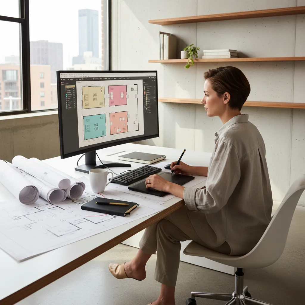 Woman using a drawing tablet to edit colorful room layout on a large computer monitor