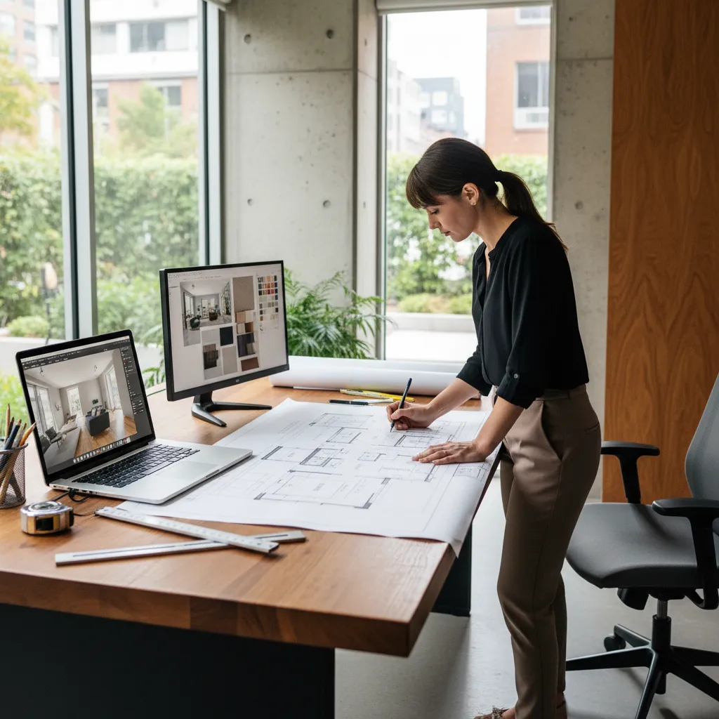 Designer drawing on a room layout paper with a laptop and monitor on a desk