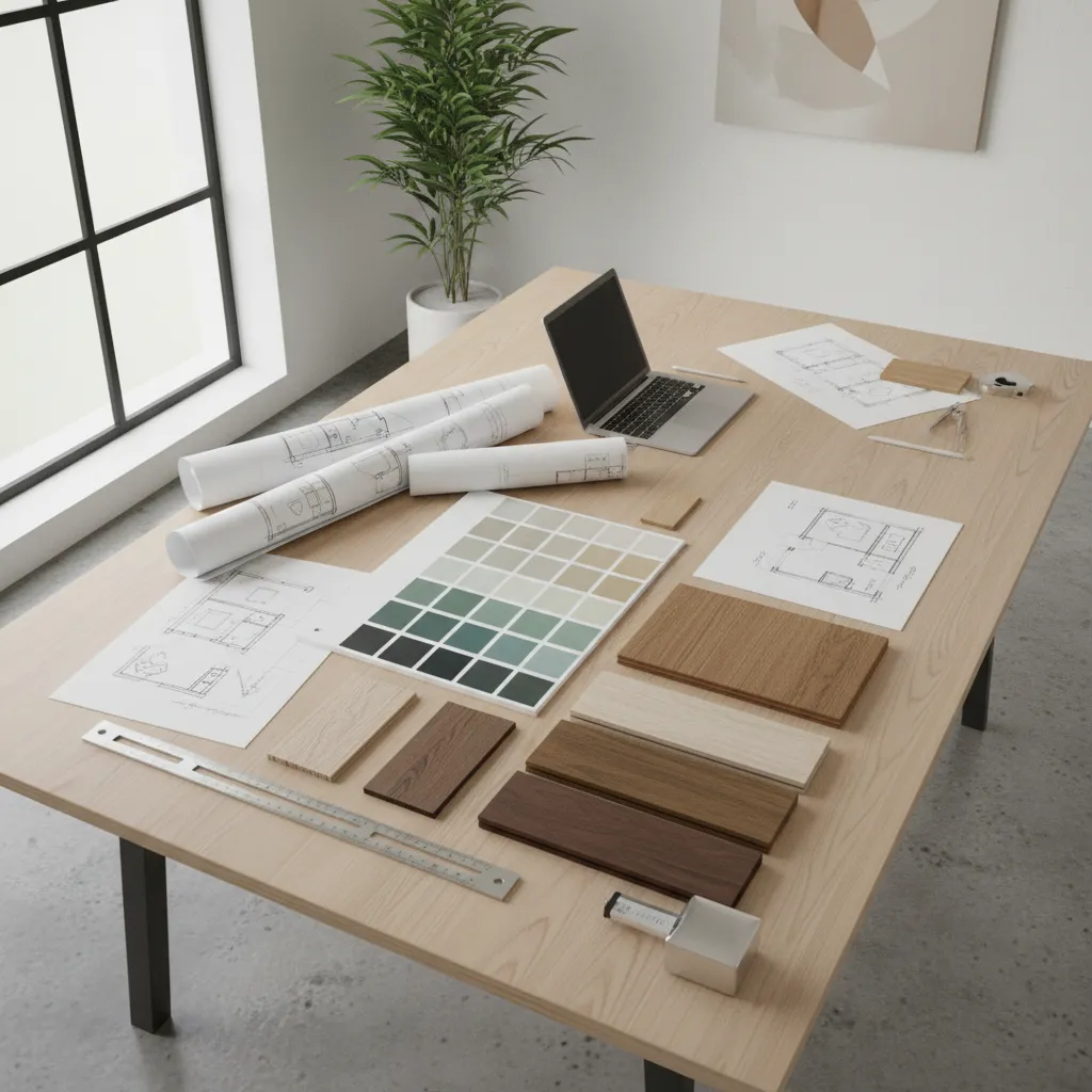 Planos de distribución y materiales utilizados para explicar un proyecto de interiorismo