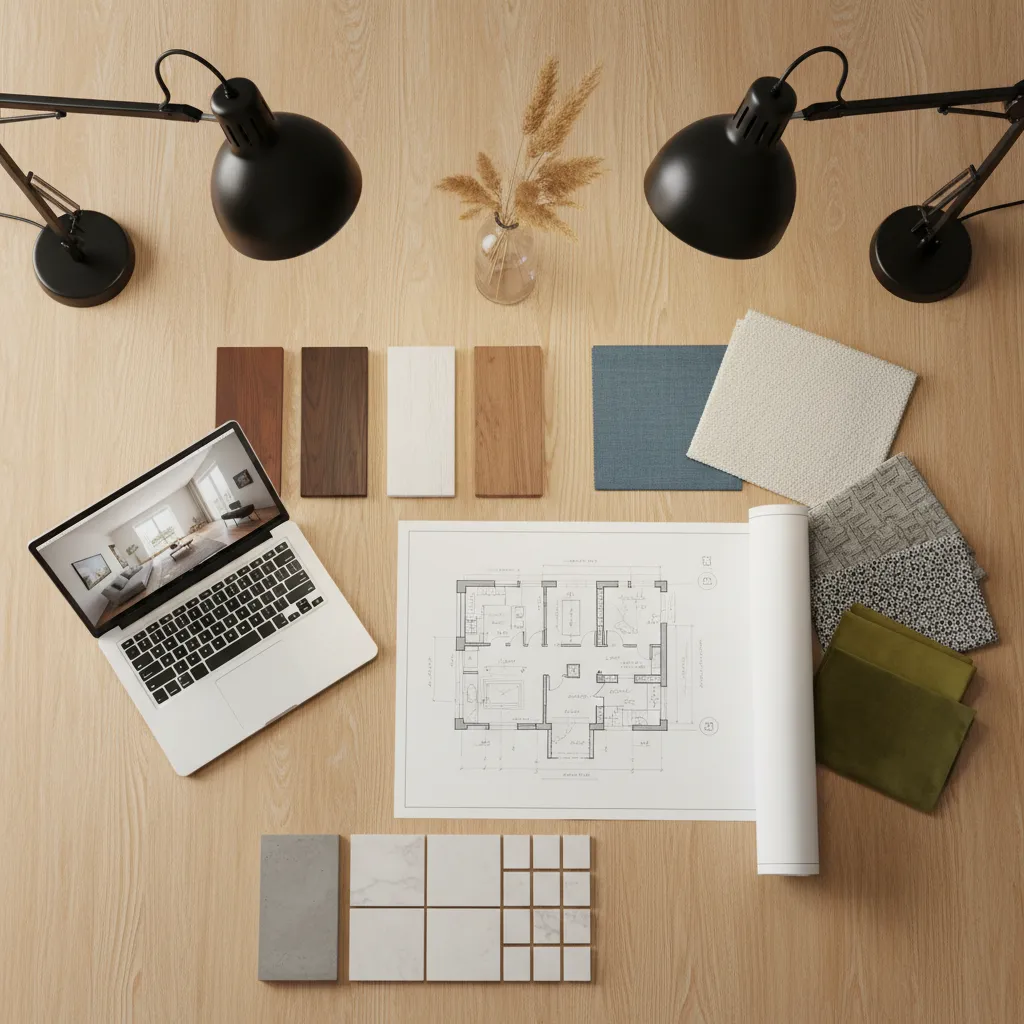Proceso de diseño interior con planos, muestras de materiales y portátil