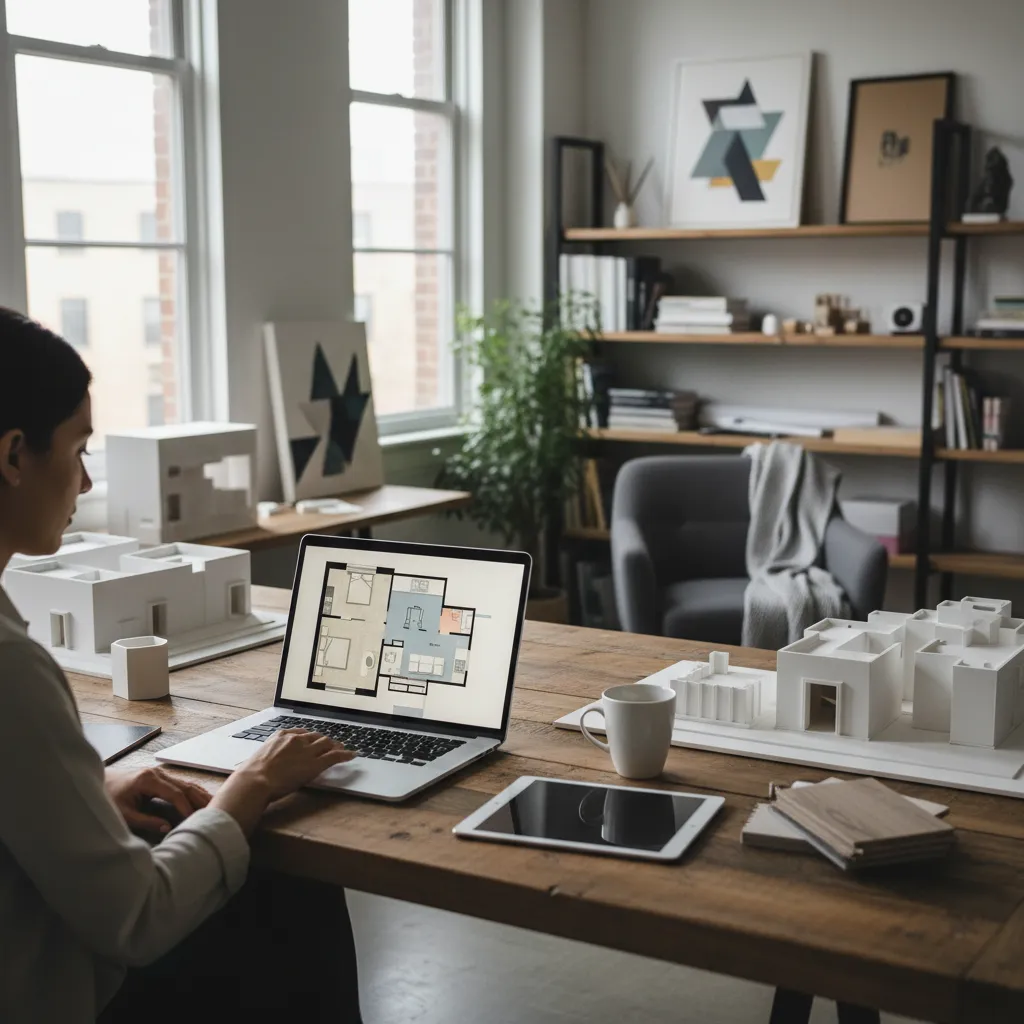 Diseñador planificando distribución de muebles en un plano digital