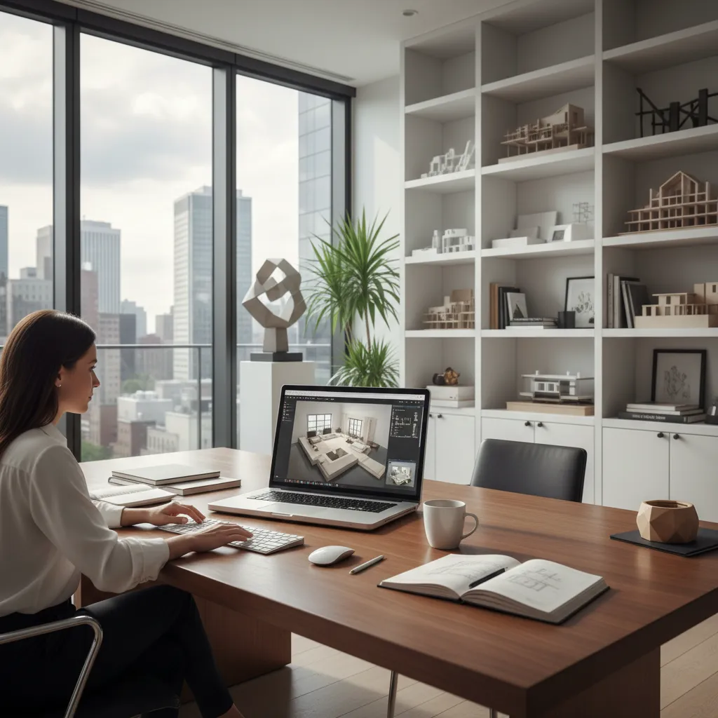 Diseñador planificando distribución interior en plano digital