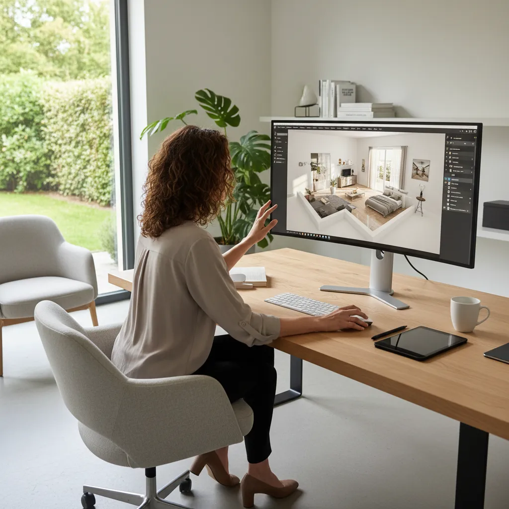 Diseñador planificando distribución de muebles en plano digital