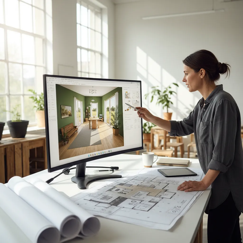 Diseñador planificando distribución interior en ordenador