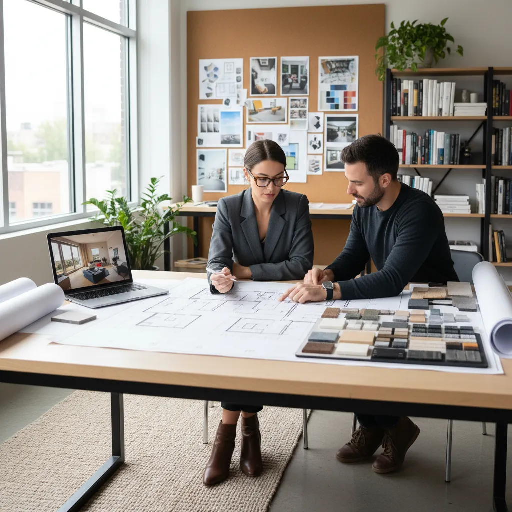Two people look at room layout drawings on desk with material samples and a laptop