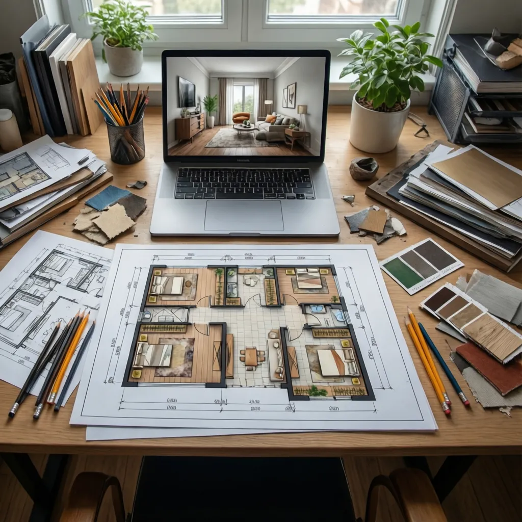 Plano de distribución interior con mobiliario y zonas funcionales