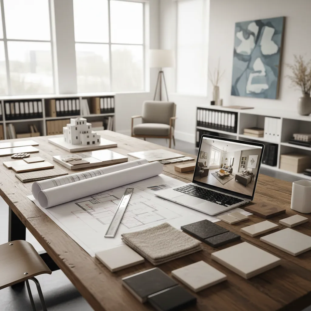 Diseñador de interiores trabajando en planos y distribución de una vivienda