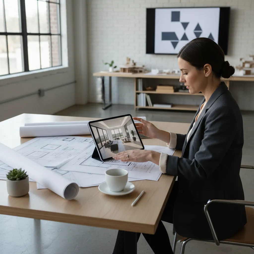 Interior designer sitting at a wooden desk with paper floor plans and a digital tablet