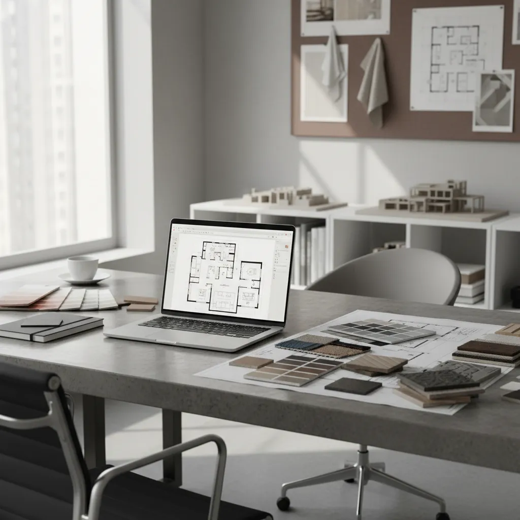 Proceso de planificación de diseño interior con planos y portátil