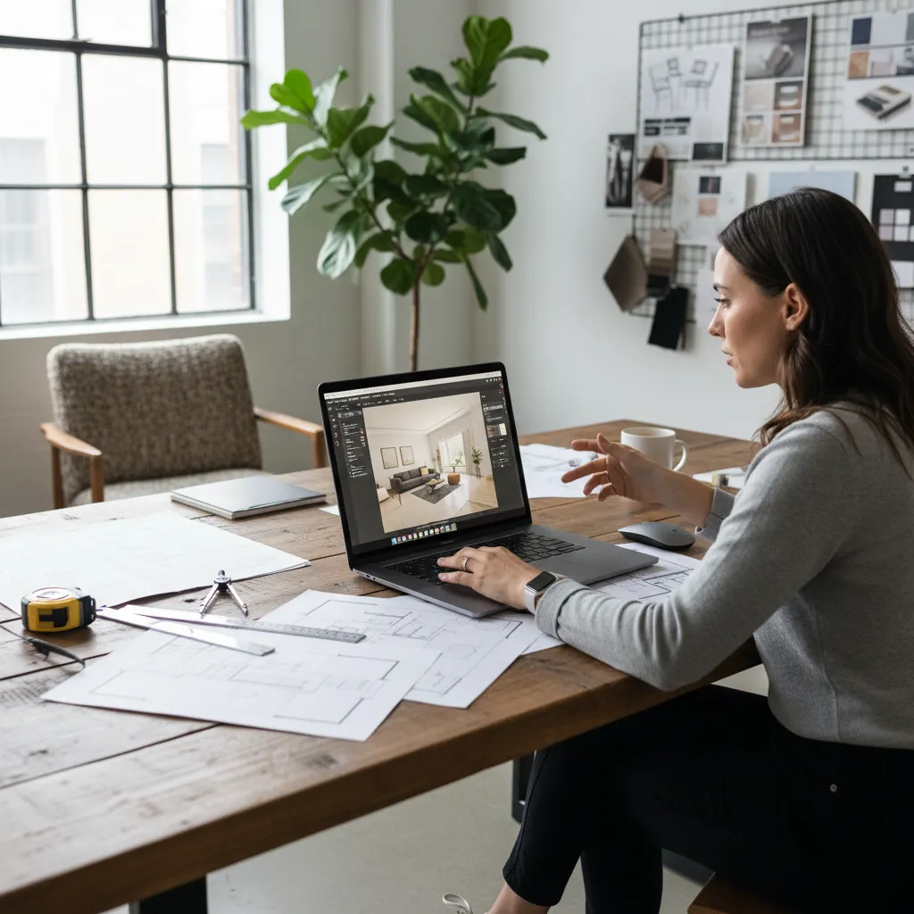 Female designer using laptop to create interior design drawing with paper floor plans and tools