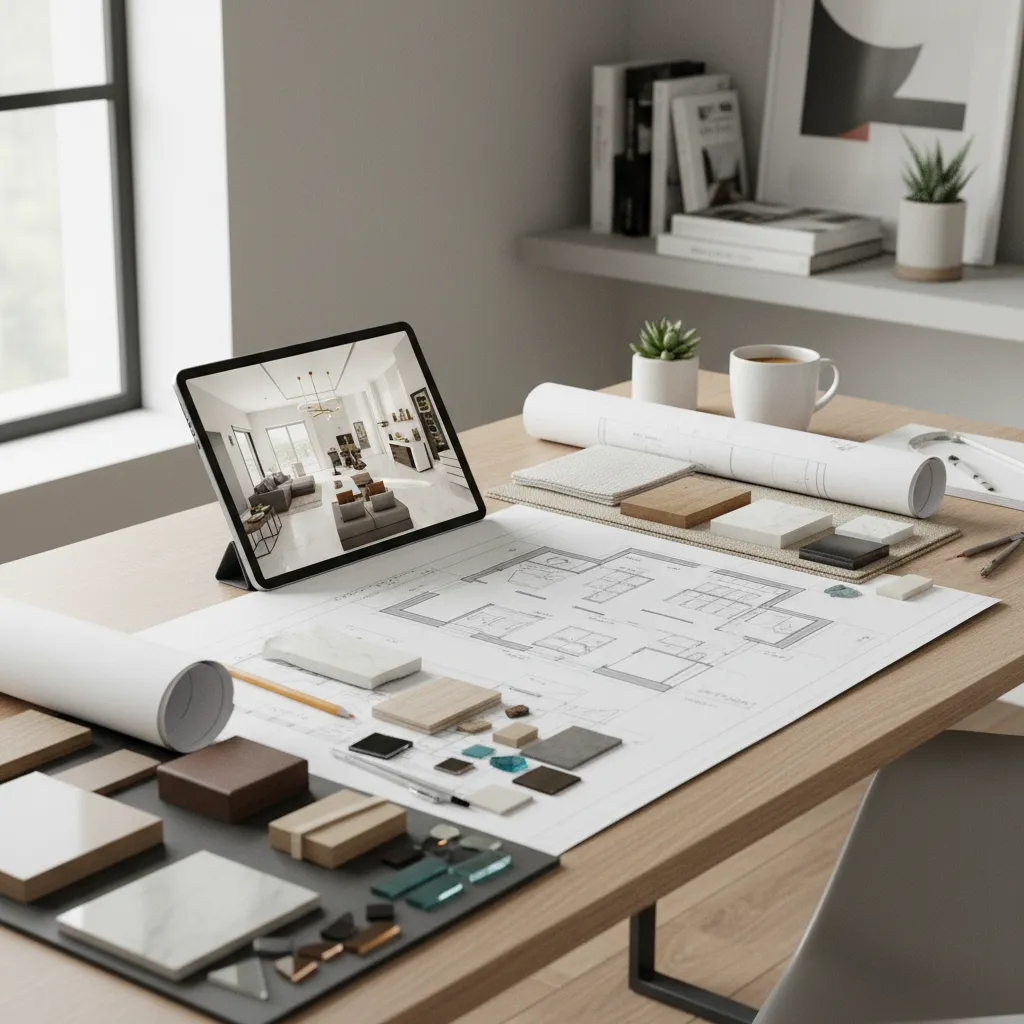 Planificación de diseño interior con planos y muestras de materiales