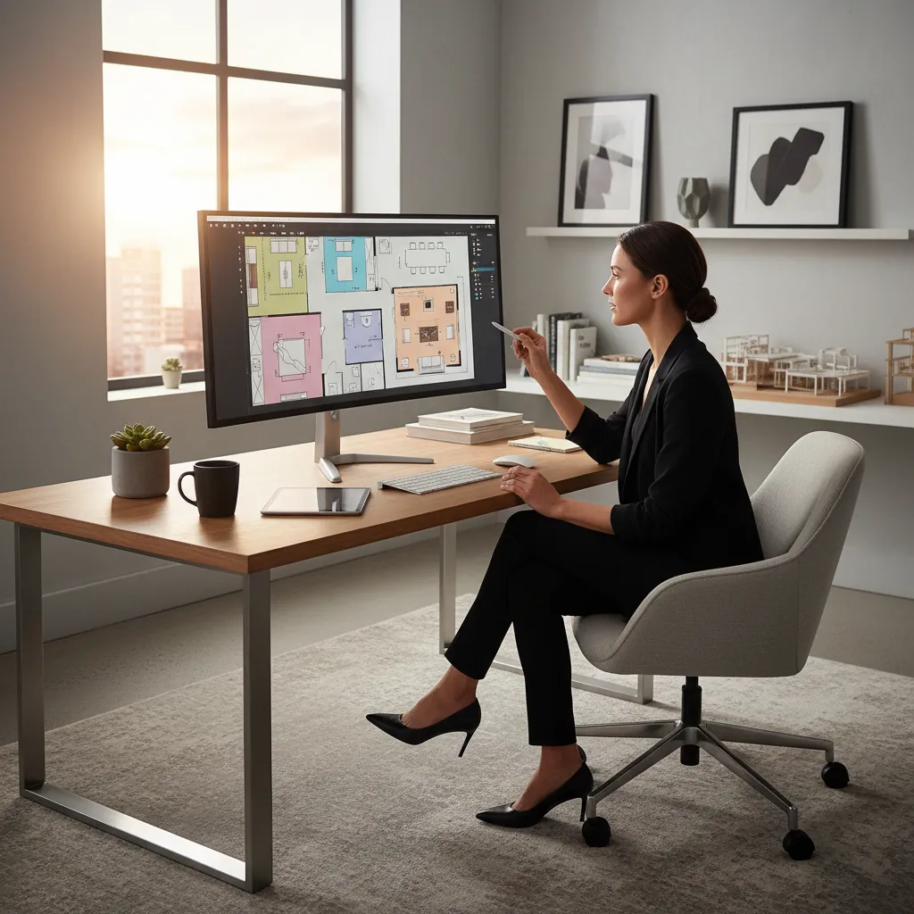 Diseñador planificando la distribución de un salón en un plano digital