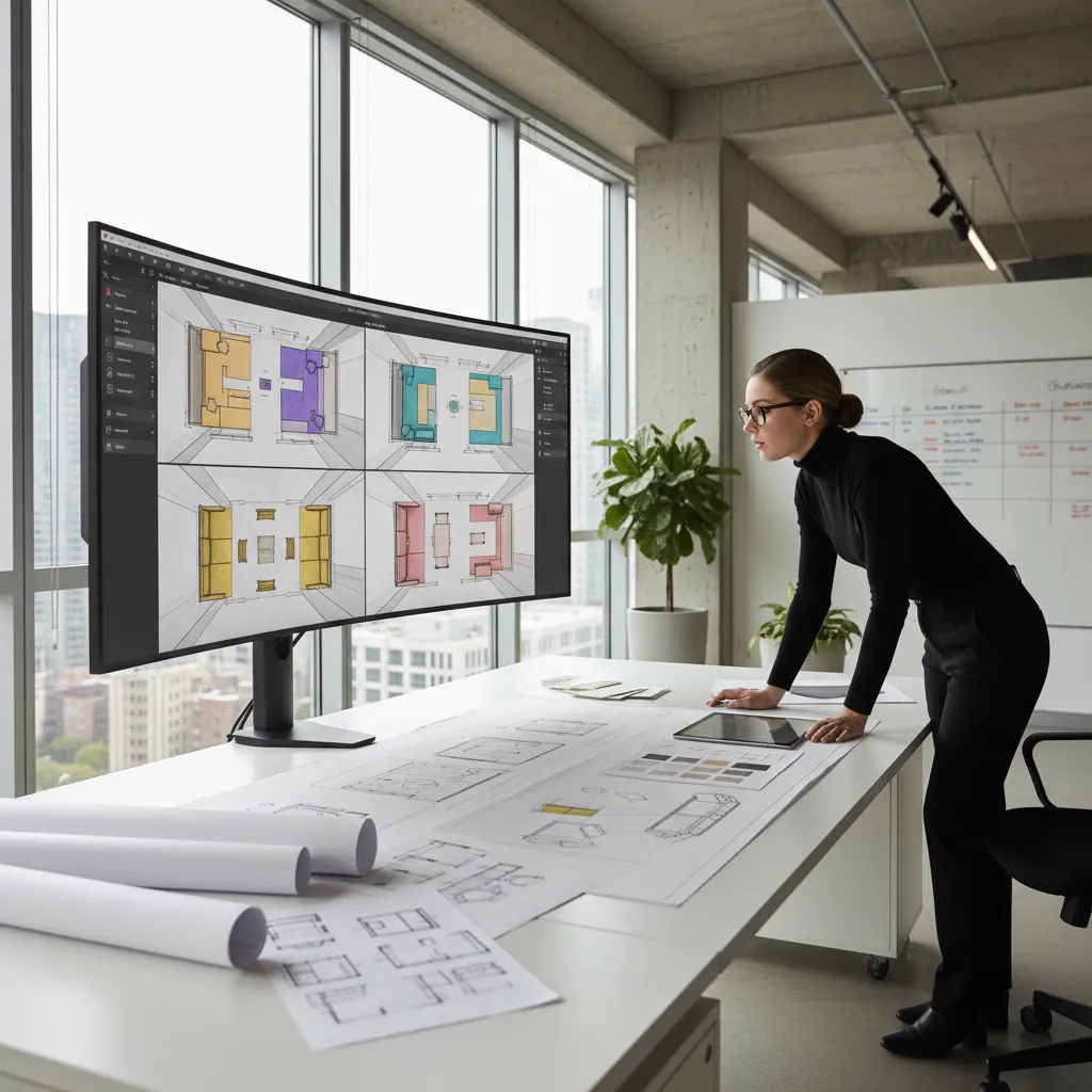 Diseñador revisando diferentes distribuciones de muebles en un plano digital