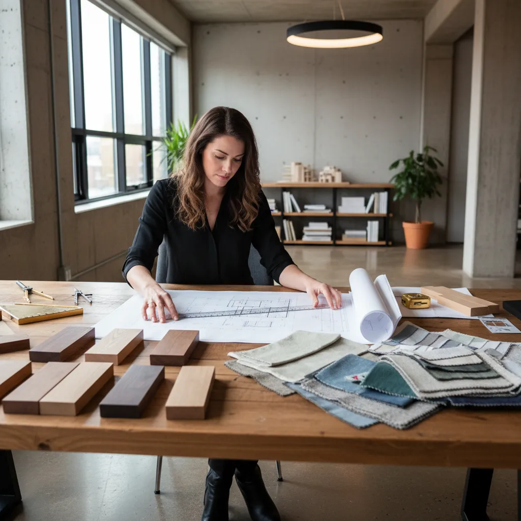 Woman reviewing floor plan drawing with wood samples and fabric swatches on large wooden desk