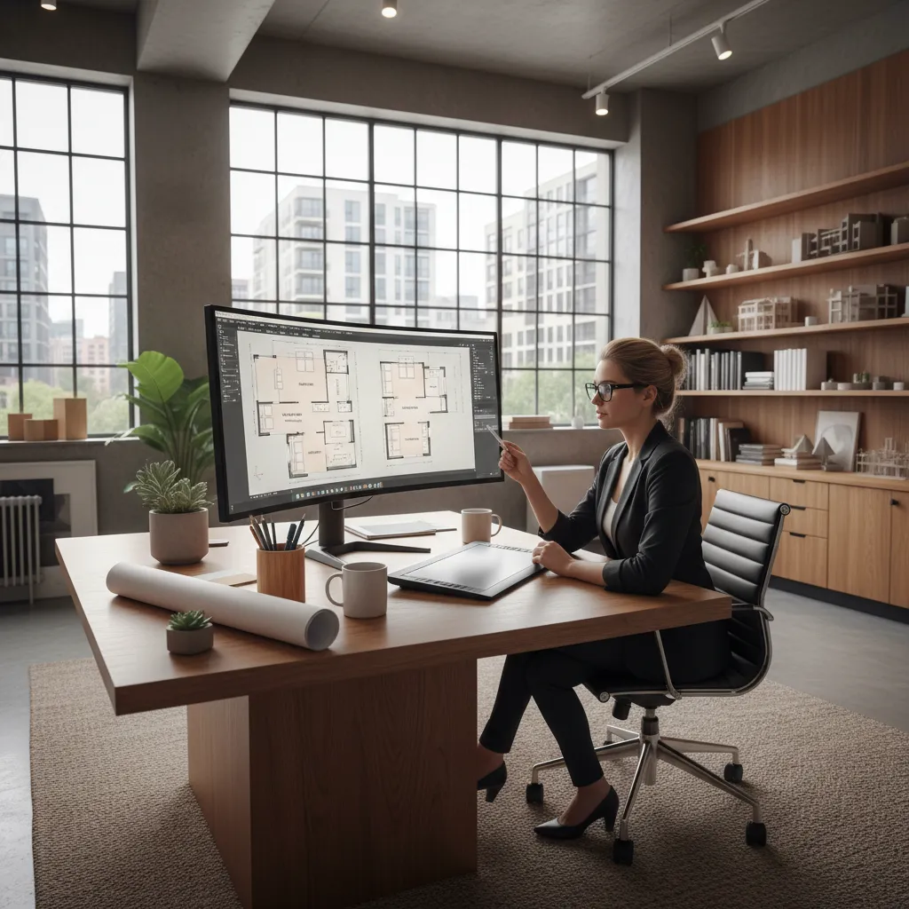 Diseñador revisando plano de distribución de una vivienda en pantalla