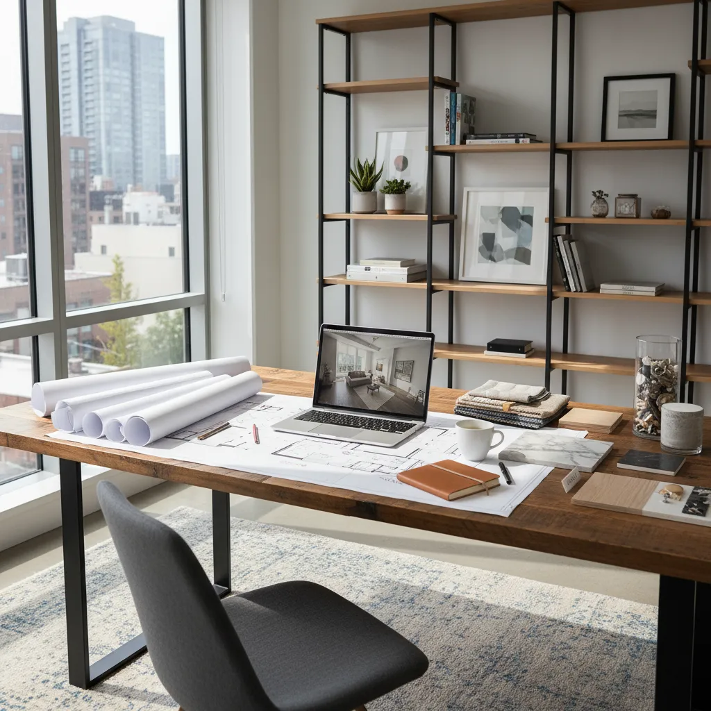 Diseñador revisando planos de interiorismo en una mesa de trabajo