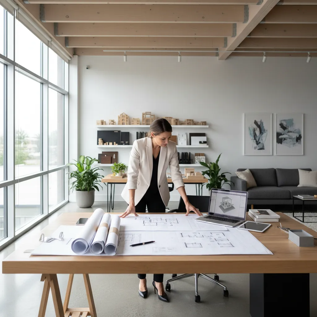 Diseñador trabajando en planificación de interiorismo con planos