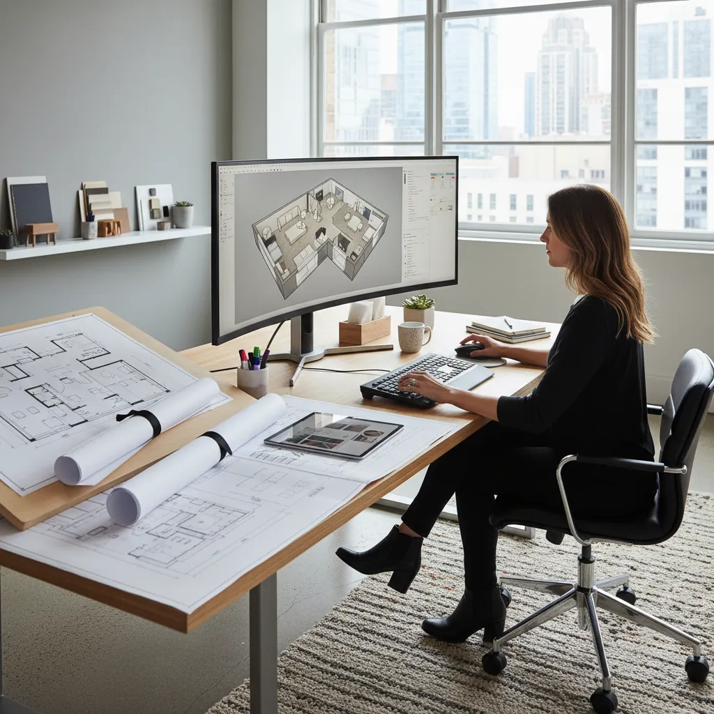 Diseñador planificando distribución interior en pantalla 3D