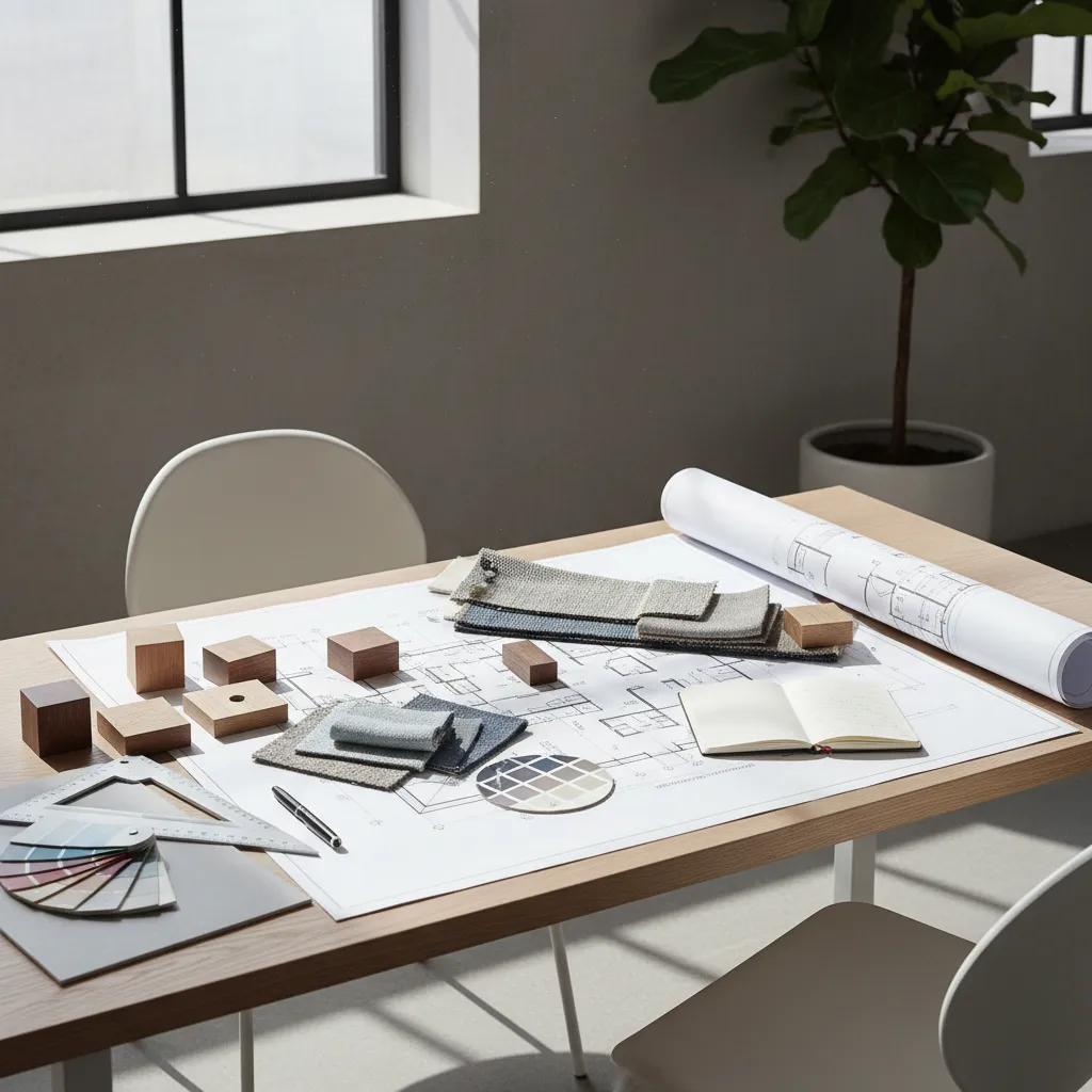 Wooden table with interior design drawing fabric samples wood blocks notebook and floor plan roll
