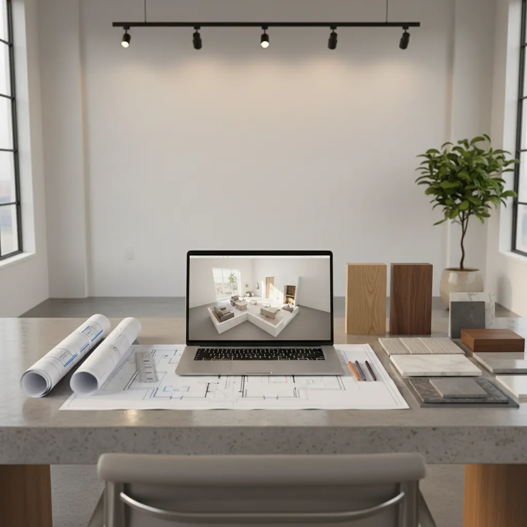 Workspace showing a laptop with interior design drawing paper floor plans and various material samples