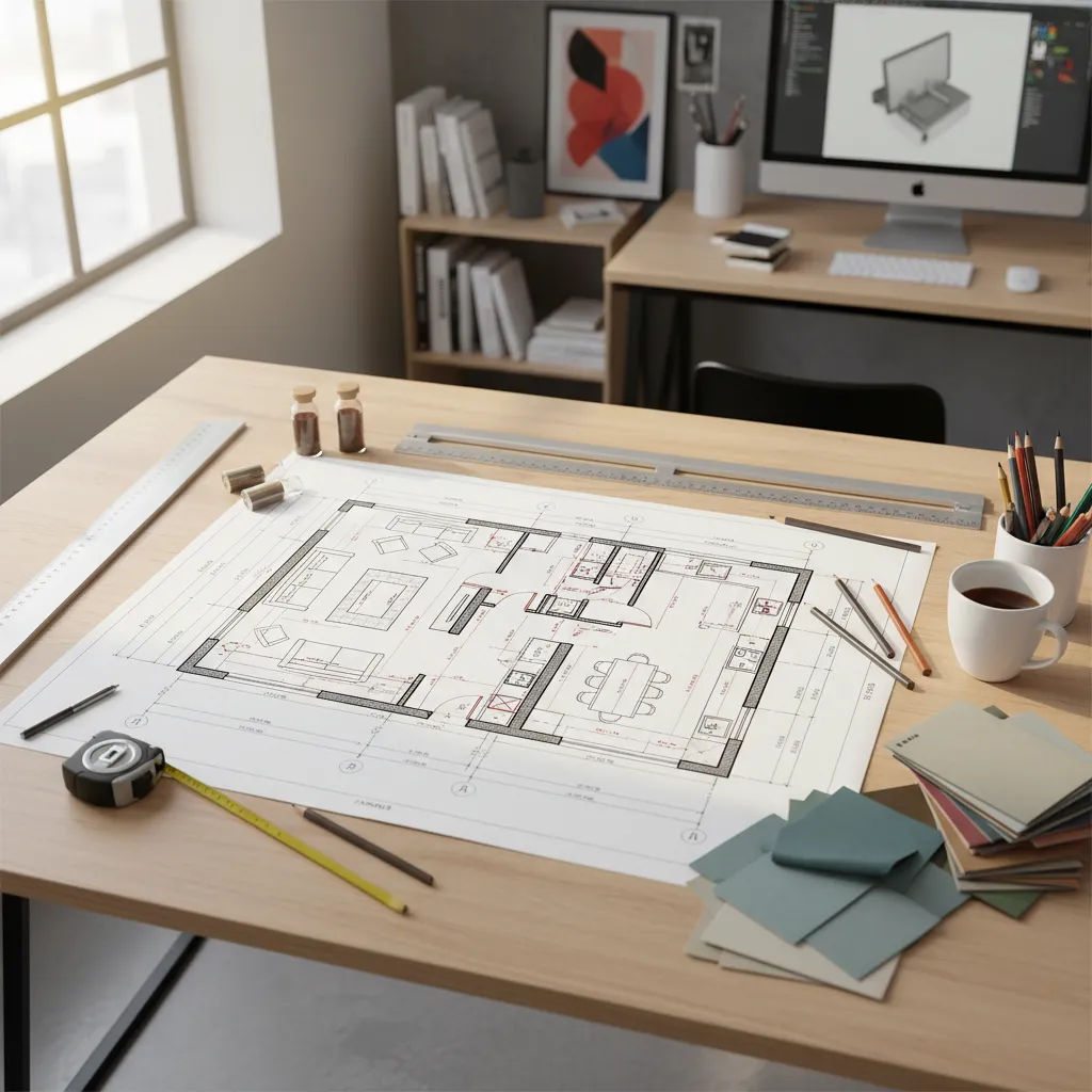 Plano de diseño interior con medidas y zonas marcadas