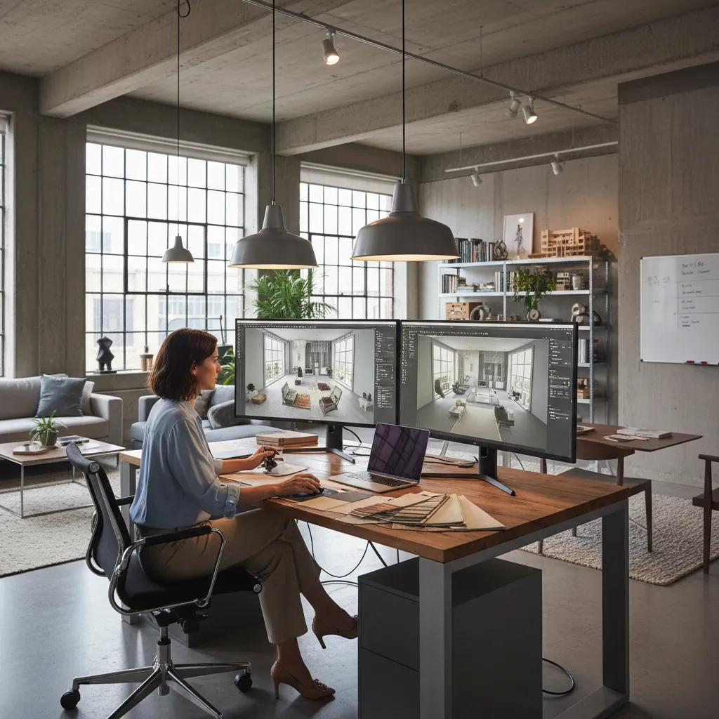 Diseñador revisando planos de interior en pantalla con visualización 3D