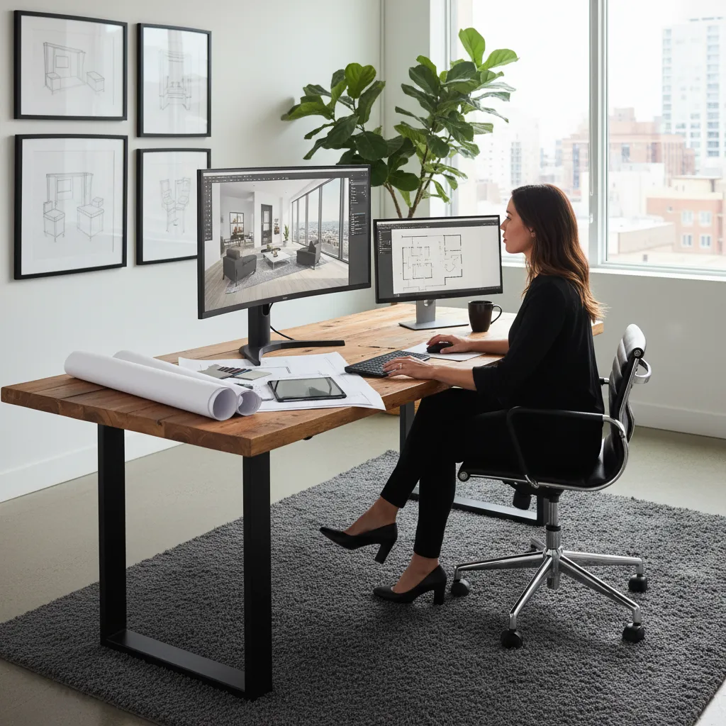 Diseñador planificando la distribución de muebles en una computadora